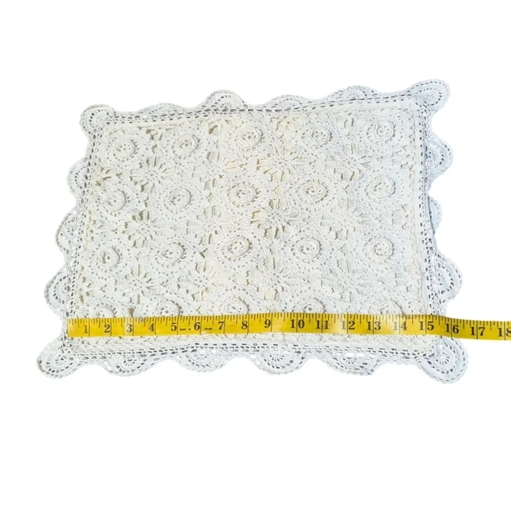 Pillow Sham Cream Crochet Lace and Rosette Overlay Cotton Ivory Retro Handmade
